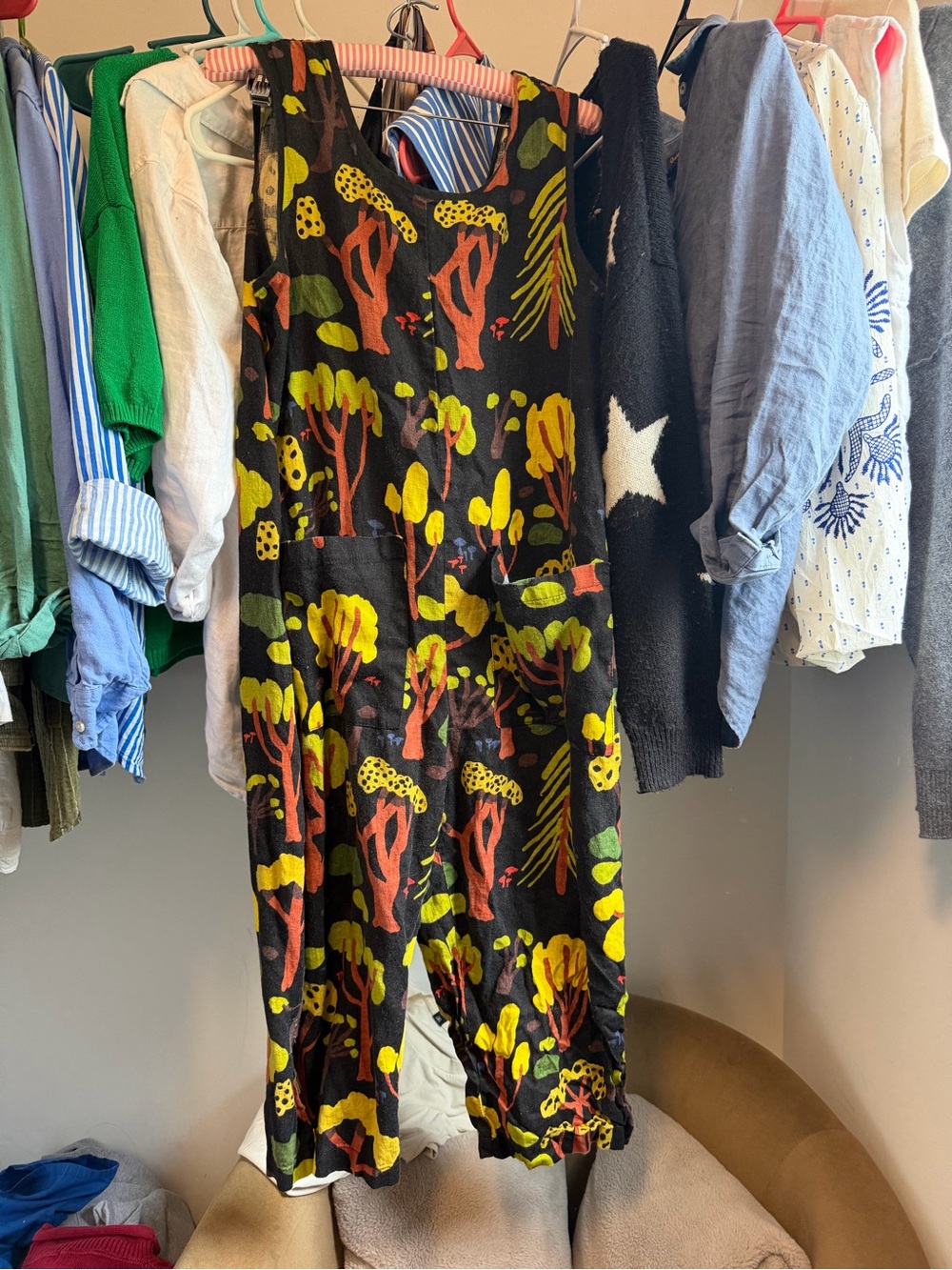 Nooworks Black Jumpsuit with Yellow and Brown Woodland Print